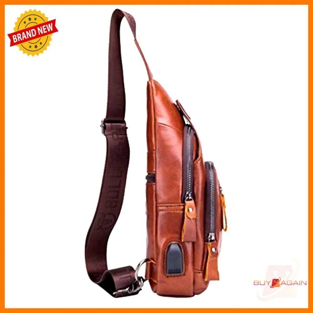 Genuine Leather Sling Backpack Daypack with USB Port for Outdoor Travel